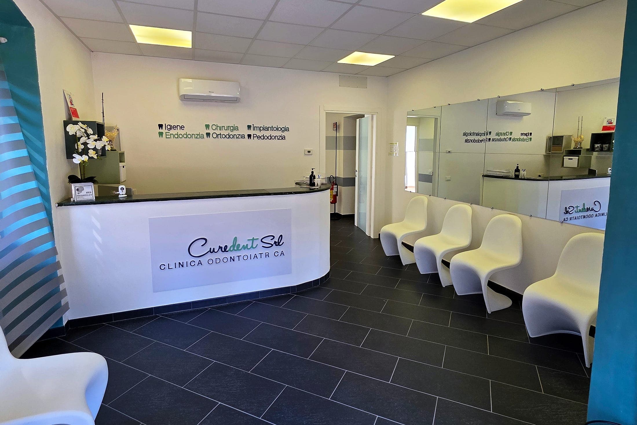Il team di Curedent all'accoglienza, davanti alla parete con le discipline della clinica